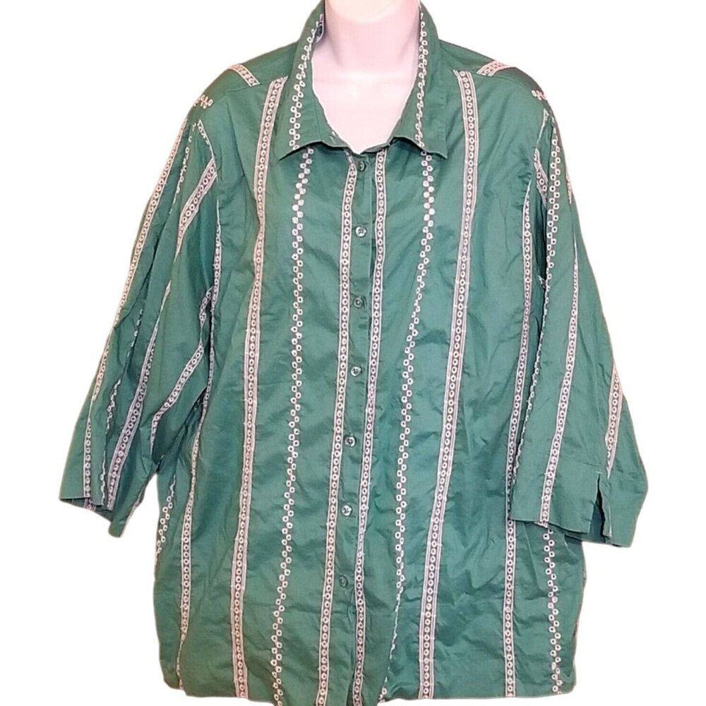 Westbound Woman Blouse 2X Green White Eyelet 3/4 Sleeve Button Up Top Cotton